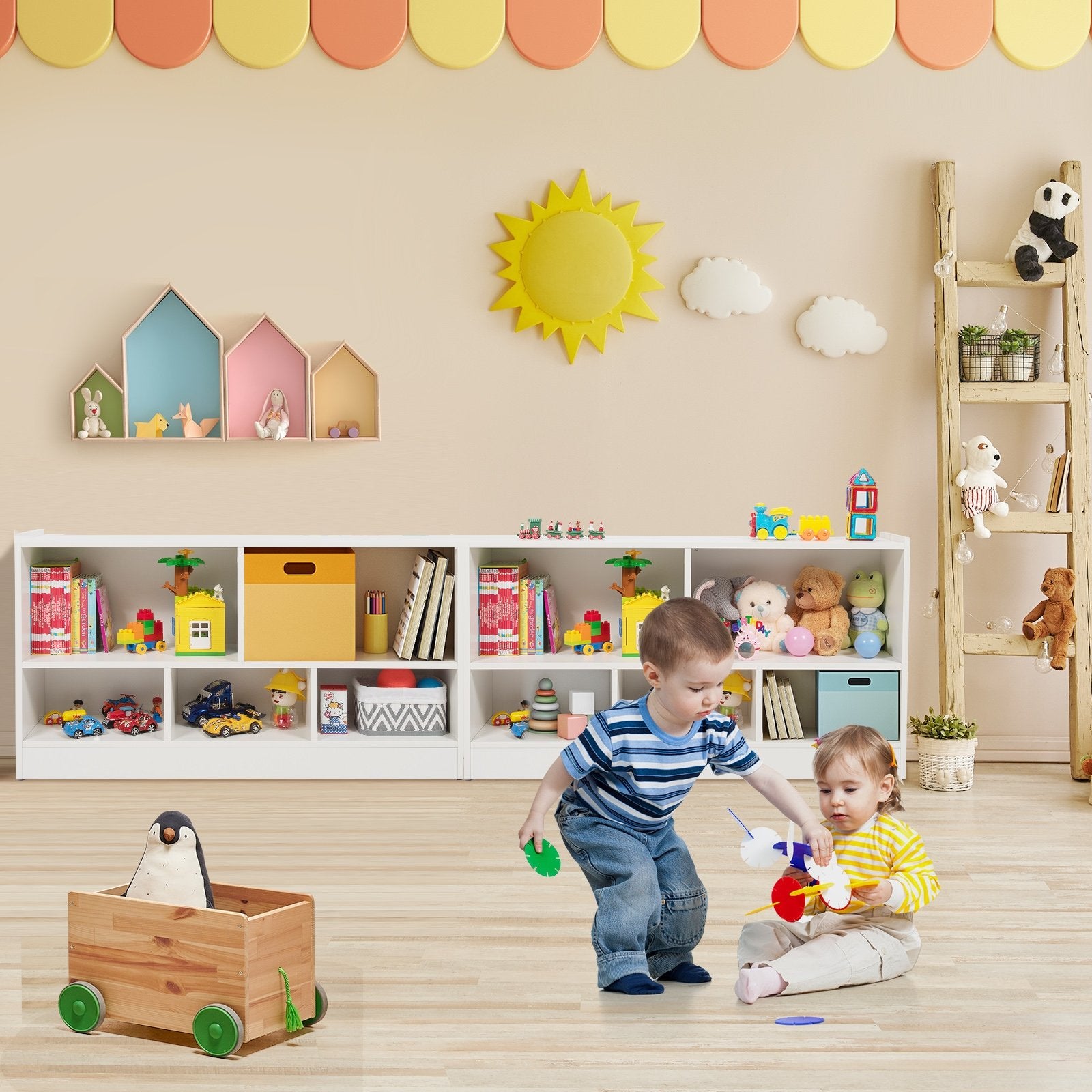 Kids 2-Shelf Bookcase 5-Cube Wood Toy Storage Cabinet Organizer, White - Gallery Canada