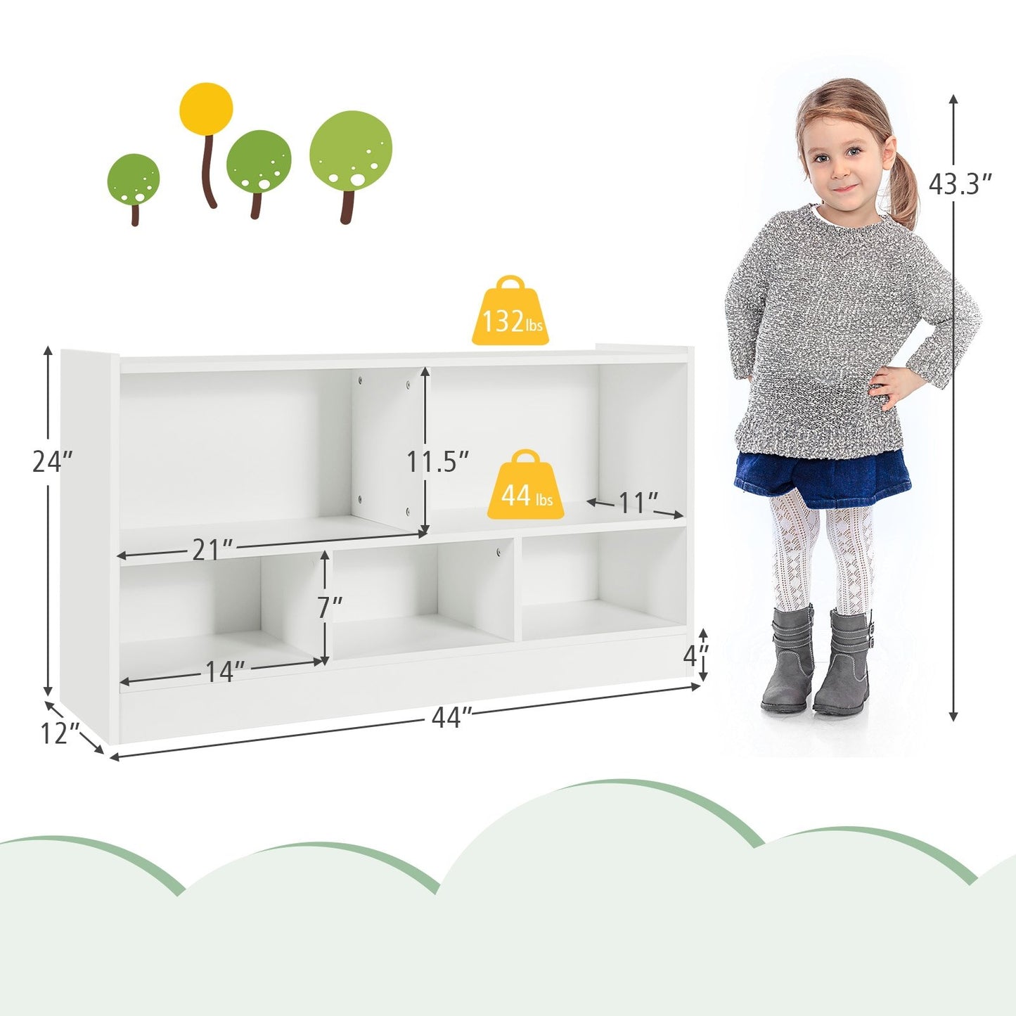 Kids 2-Shelf Bookcase 5-Cube Wood Toy Storage Cabinet Organizer, White - Gallery Canada