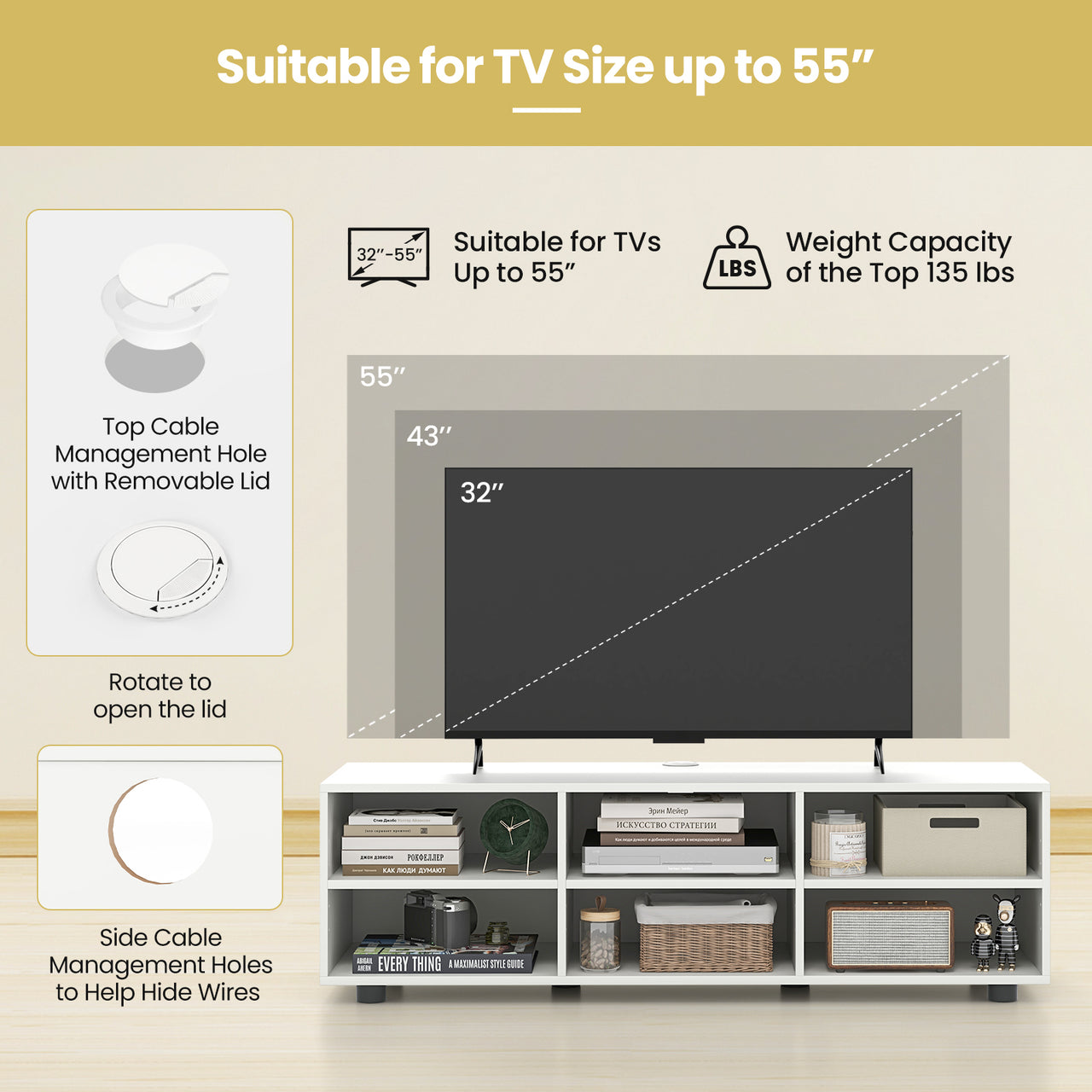 TV Stand for TV up to 55 Inch with 6 Storage Compartments - Gallery View 8 of 10