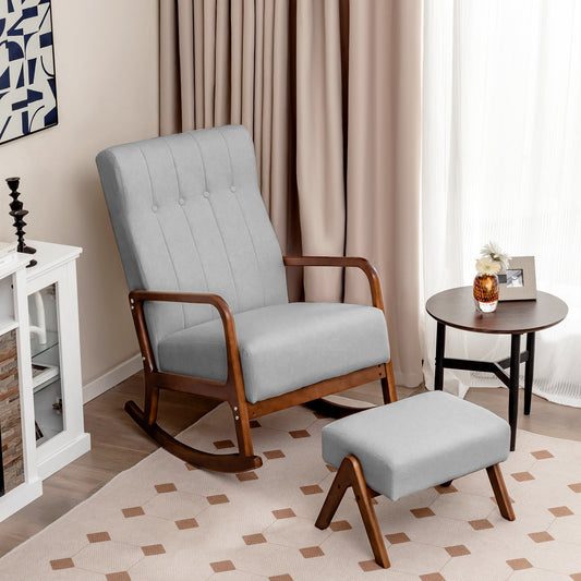 Rocking Chair with Ottoman and Solid Rubber Wood Frame and Padded Cushion, Gray - Gallery Canada