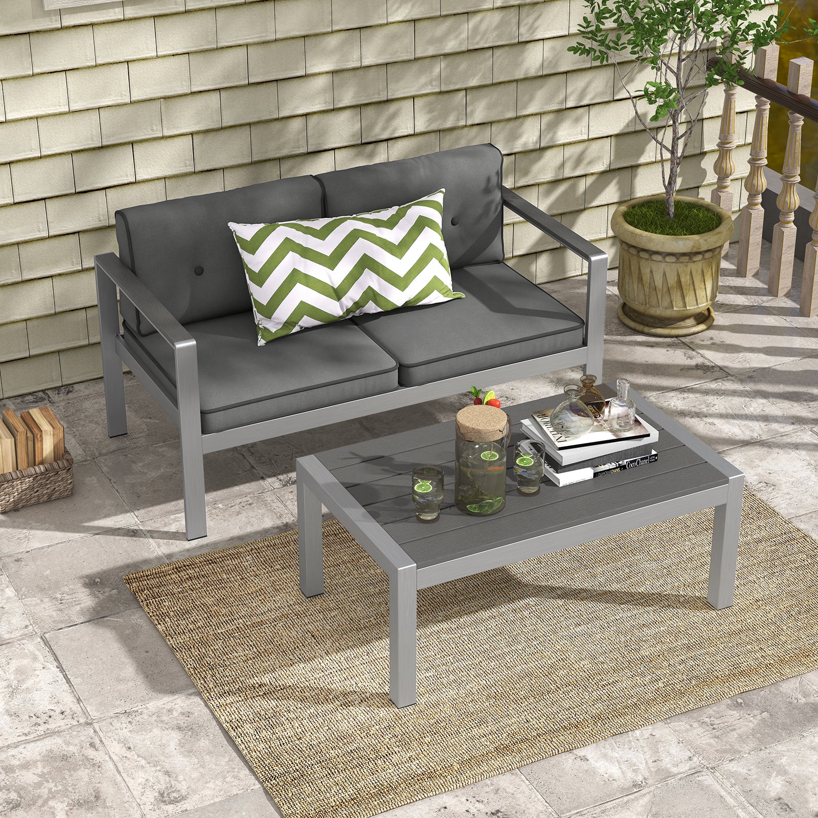 Contemporary 2-Person Sofa Chair with WPC Armrests for Balcony Backyard Porch, Gray Sofas & Loveseats at Gallery Canada