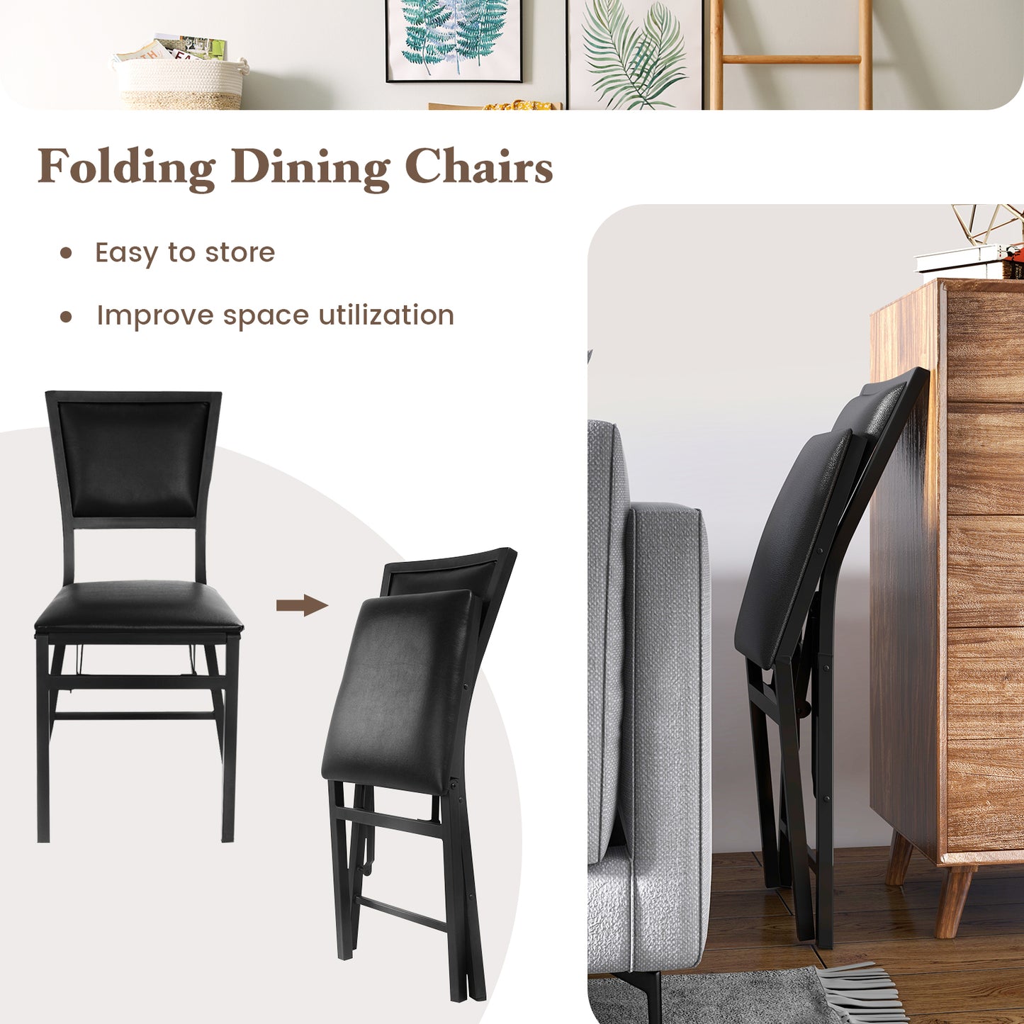 Set of 2 Metal Folding Dining Chairs, Space Saving Design, Black Dining Chairs at Gallery Canada