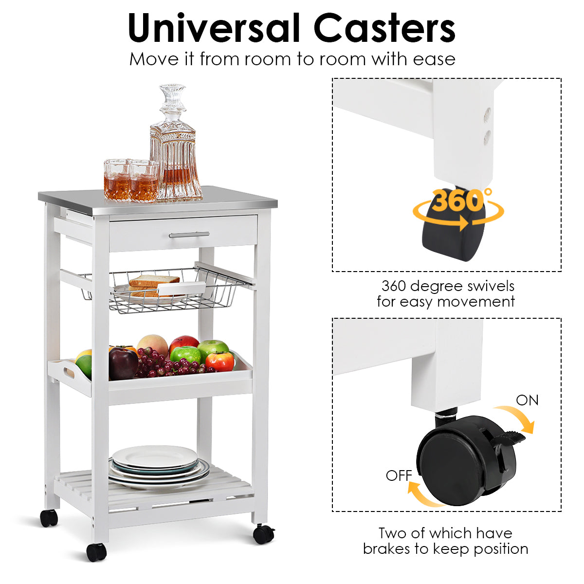 Kitchen Island Cart with Stainless Steel Tabletop and Basket, White Kitchen Islands & Carts at Gallery Canada