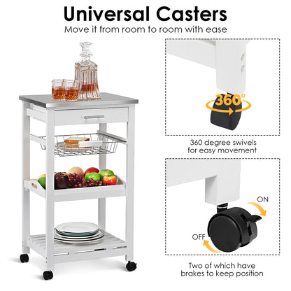 Kitchen Island Cart with Stainless Steel Tabletop and Basket, White Kitchen Islands & Carts at Gallery Canada