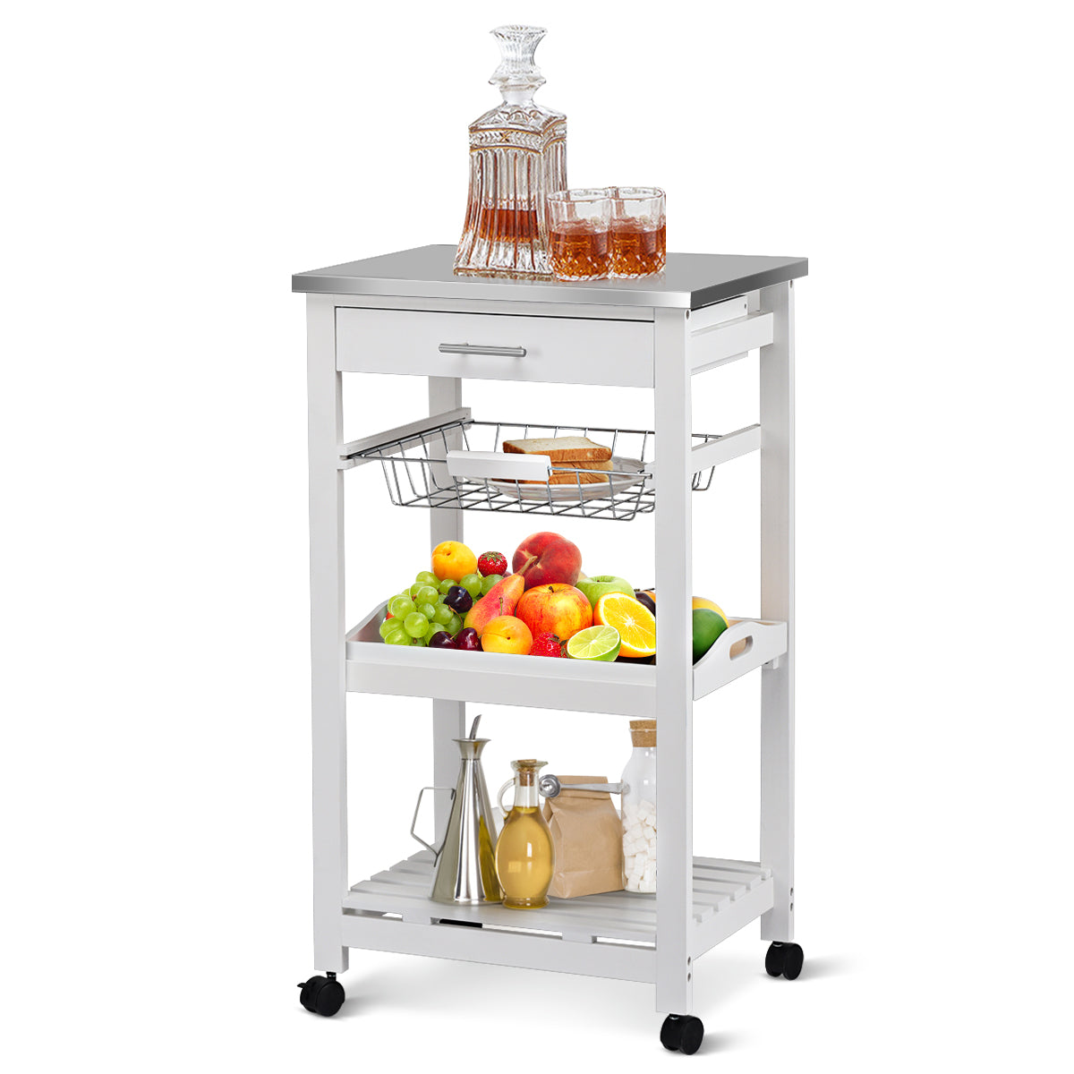 Kitchen Island Cart with Stainless Steel Tabletop and Basket, White Kitchen Islands & Carts at Gallery Canada