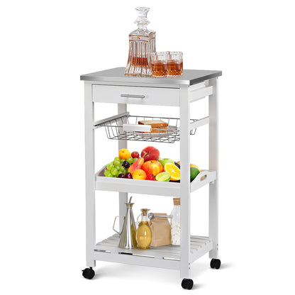 Kitchen Island Cart with Stainless Steel Tabletop and Basket, White Kitchen Islands & Carts at Gallery Canada