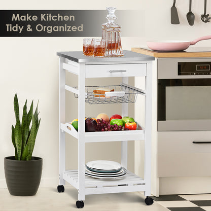 Kitchen Island Cart with Stainless Steel Tabletop and Basket, White Kitchen Islands & Carts at Gallery Canada