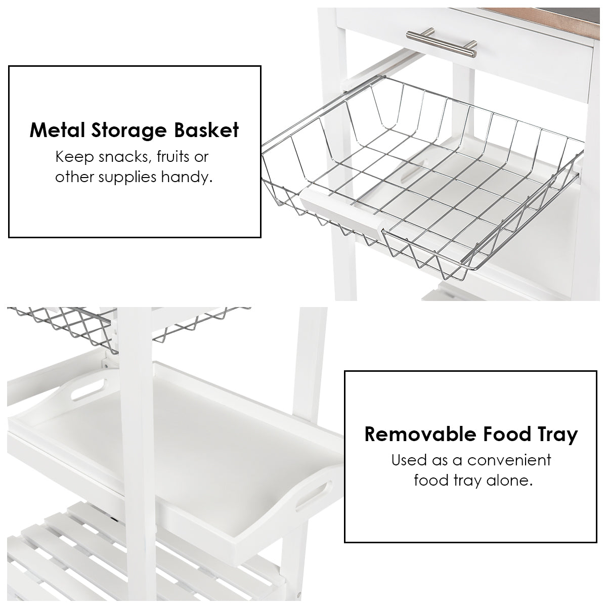 Kitchen Island Cart with Stainless Steel Tabletop and Basket, White Kitchen Islands & Carts at Gallery Canada
