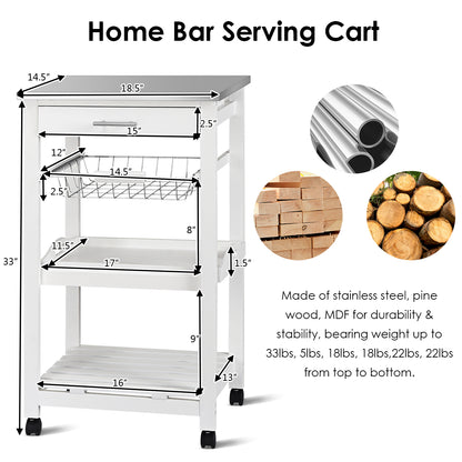 Kitchen Island Cart with Stainless Steel Tabletop and Basket, White Kitchen Islands & Carts at Gallery Canada