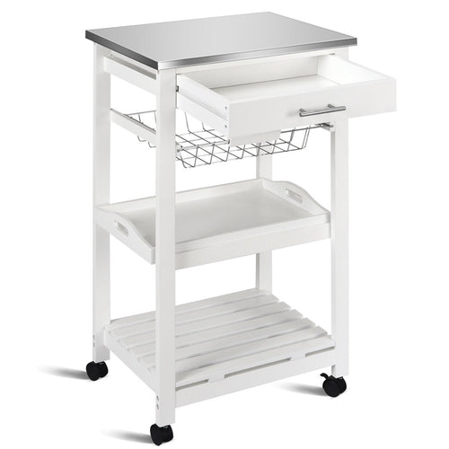 Kitchen Island Cart with Stainless Steel Tabletop and Basket, White