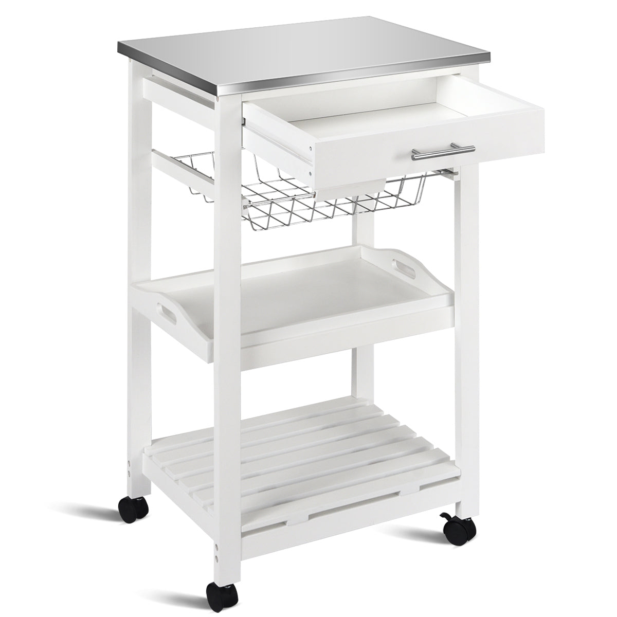 Kitchen Island Cart with Stainless Steel Tabletop and Basket, White Kitchen Islands & Carts at Gallery Canada