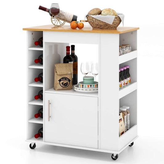 Kitchen Cart on Wheels with Bamboo Top and 6-Bottle Wine Rack, White