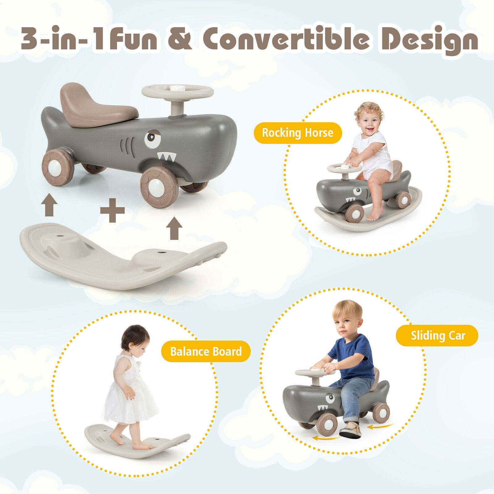 Convertible Rocking Horse and Sliding Car with Detachable Balance Board, Dark Gray Push & Pedal Ride On Toys at Gallery Canada