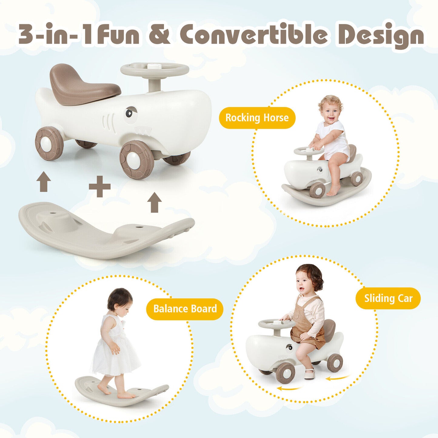 Convertible Rocking Horse and Sliding Car with Detachable Balance Board, White Push & Pedal Ride On Toys at Gallery Canada