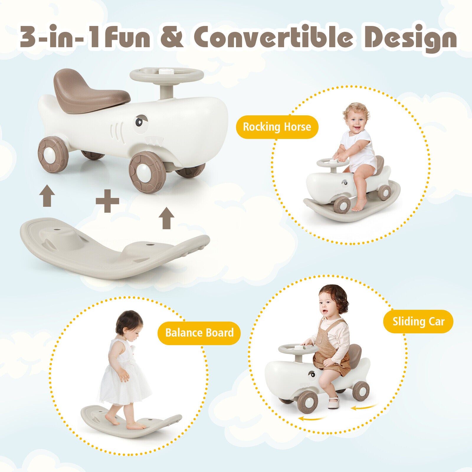 Convertible Rocking Horse and Sliding Car with Detachable Balance Board, White Push & Pedal Ride On Toys at Gallery Canada