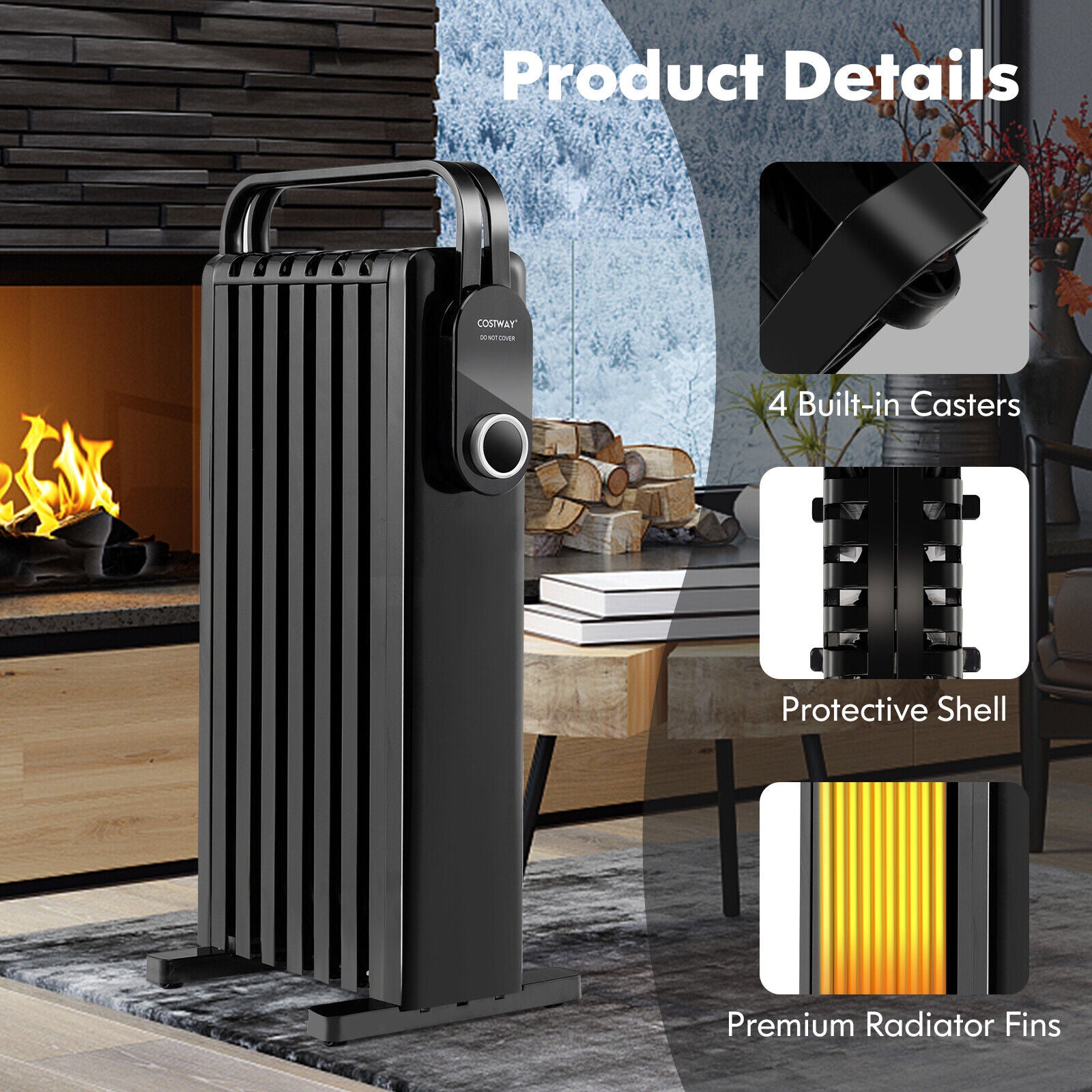 1500W Electric Space Heater Oil Filled Radiator Heater with Foldable Rack, Black Space Heaters at Gallery Canada