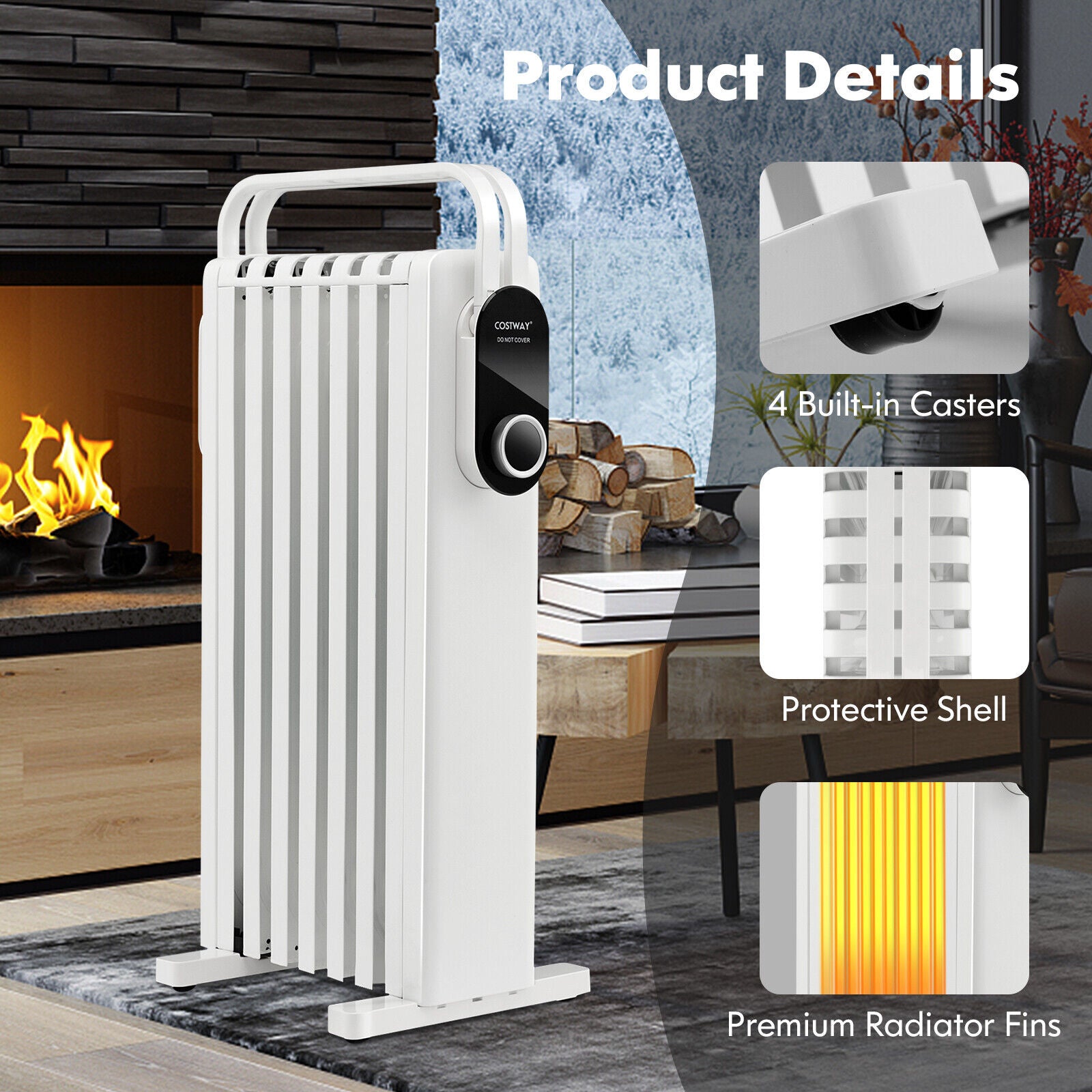 1500W Electric Space Heater Oil Filled Radiator Heater with Foldable Rack, White Space Heaters at Gallery Canada