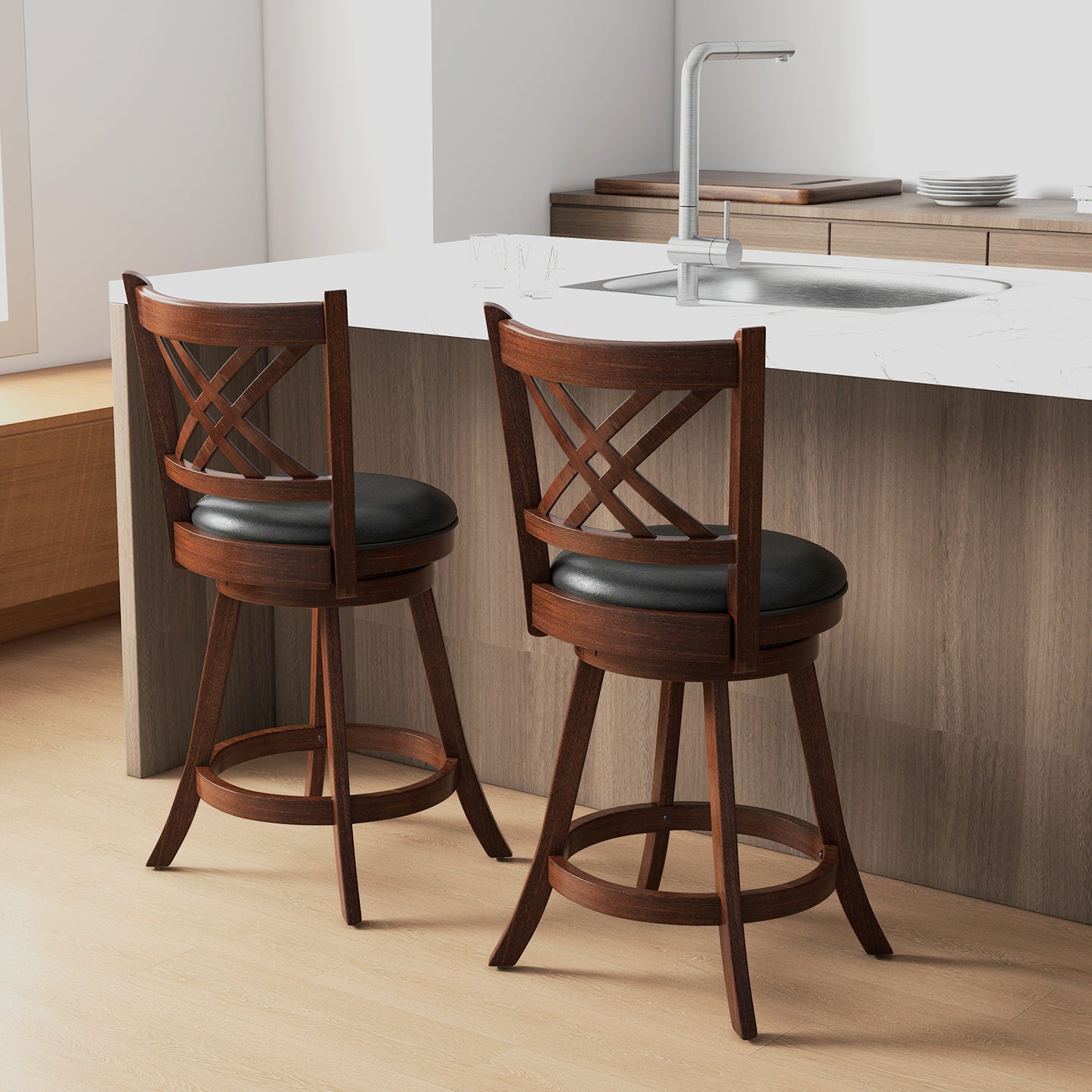 360° Swivel Upholstered Barstools Set of 2 with Back and Footrest-24 inches Bar Stools at Gallery Canada
