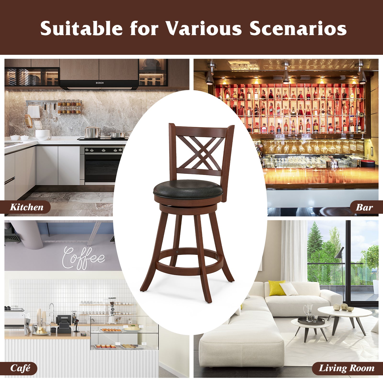 360° Swivel Upholstered Barstools Set of 2 with Back and Footrest-24 inches Bar Stools at Gallery Canada