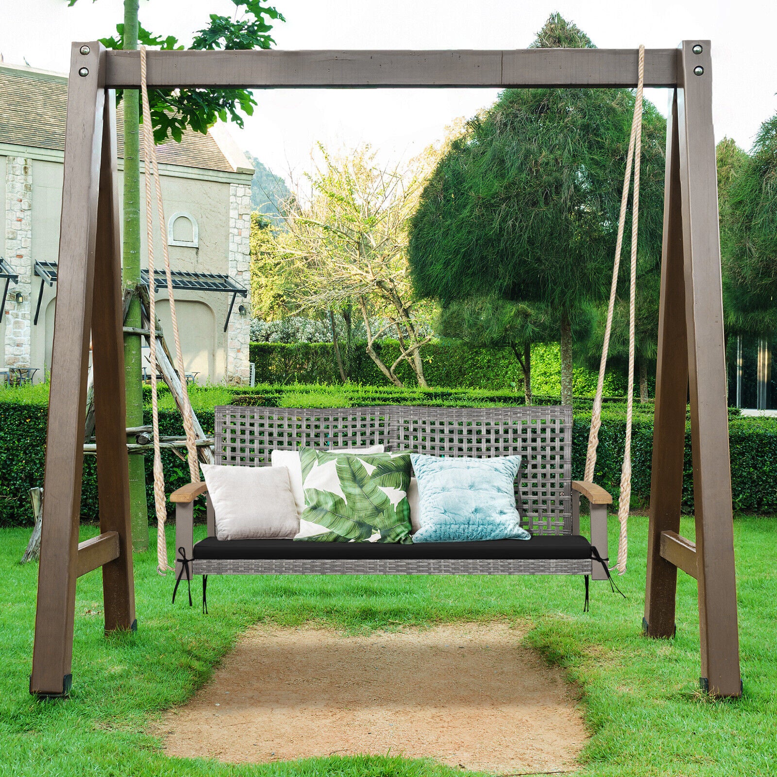 2-Person Patio Wicker Hanging Swing Chair, Black Porch Swings at Gallery Canada