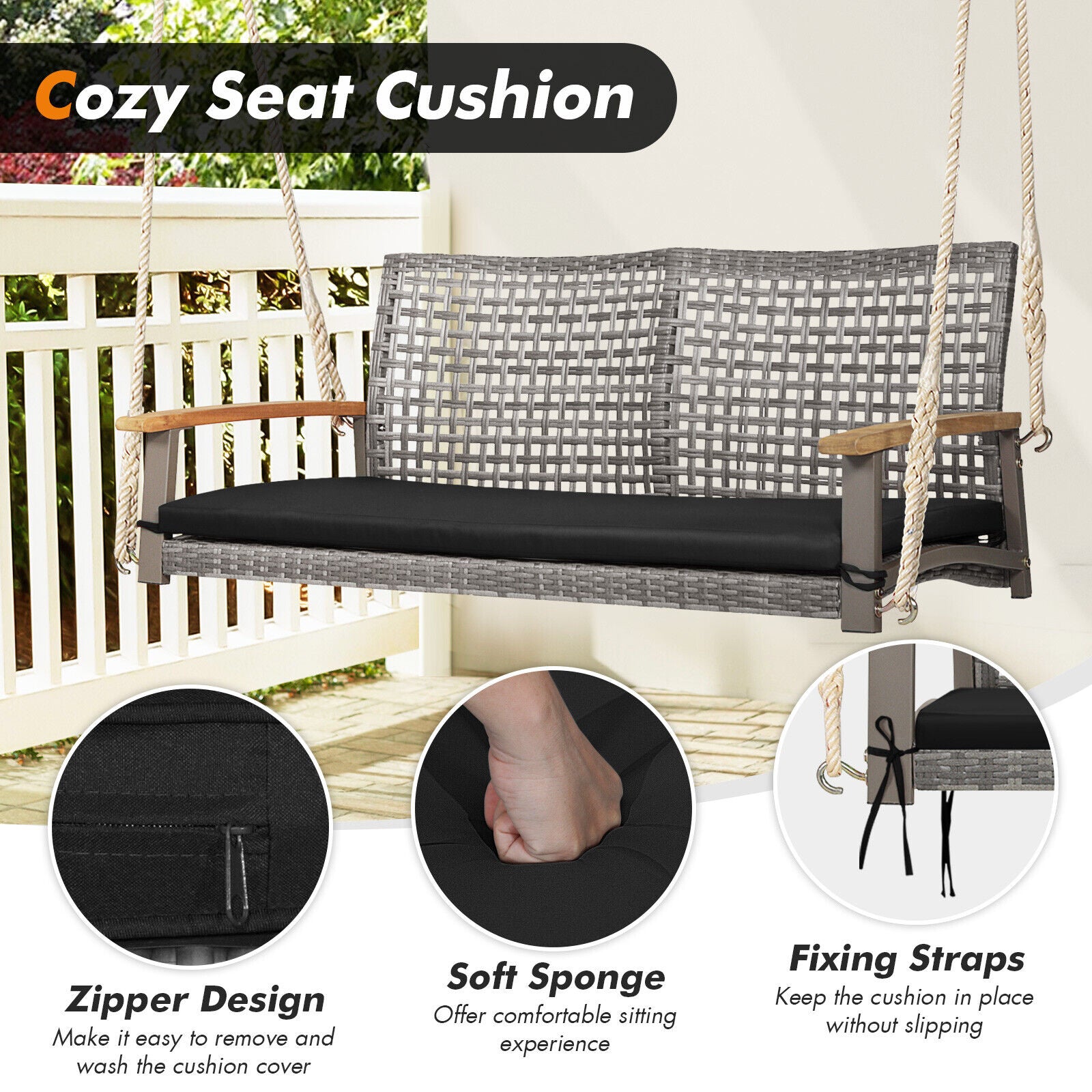 2-Person Patio Wicker Hanging Swing Chair, Black Porch Swings at Gallery Canada