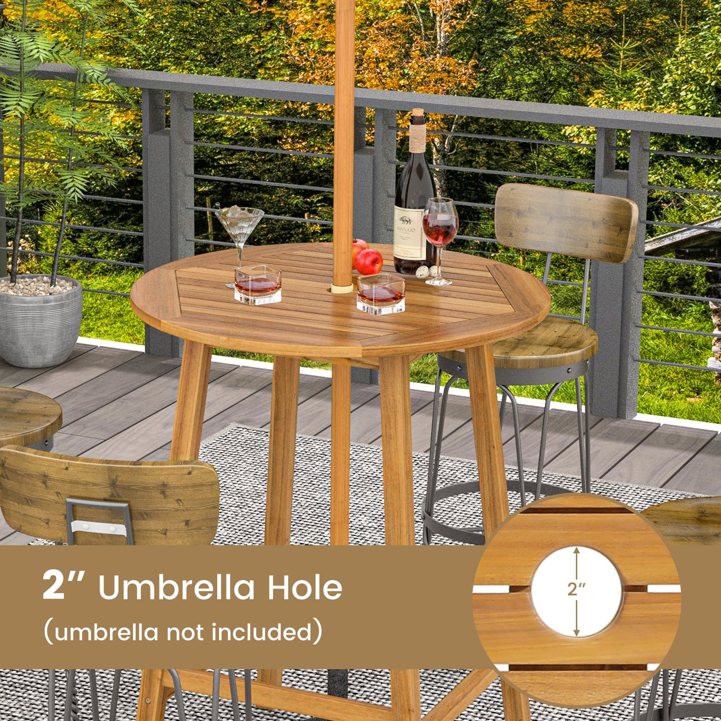 Bar Height Table with Umbrella Hole and Slatted Tabletop for Outdoors, Natural - Gallery Canada