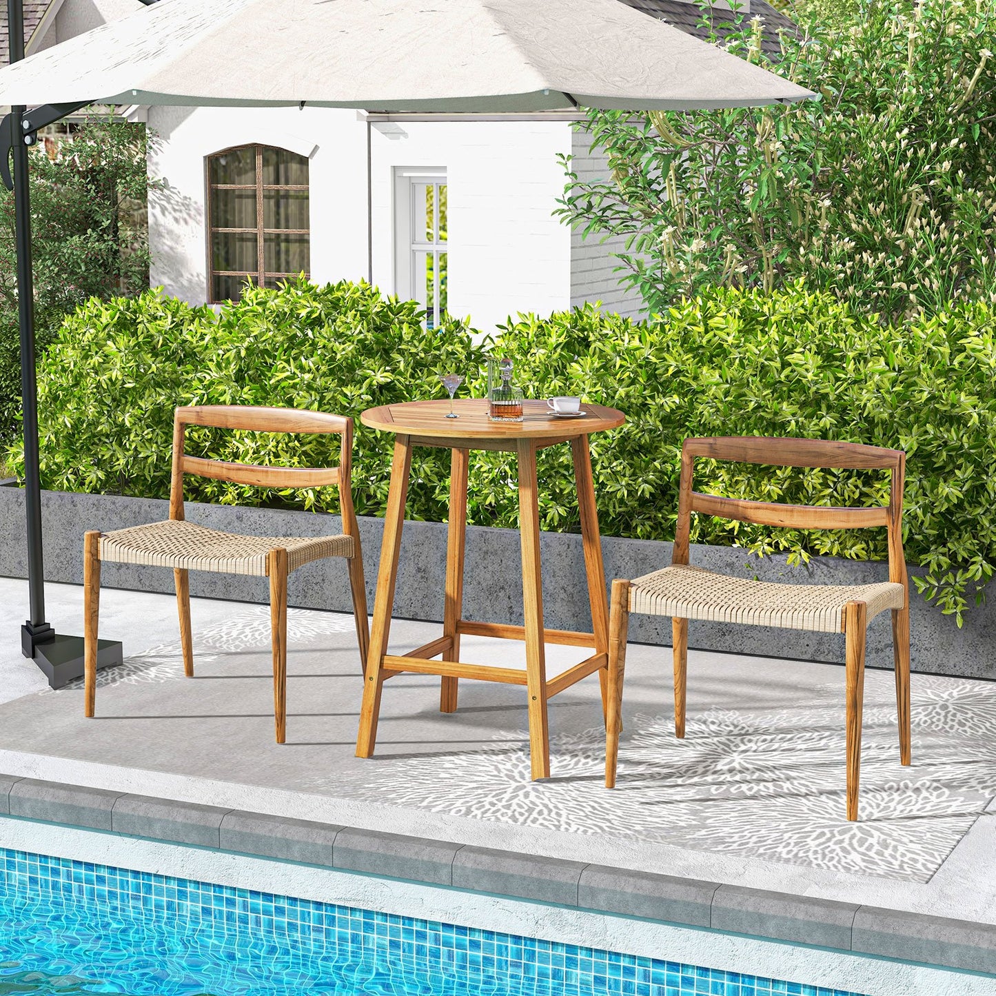 Bar Height Table with Umbrella Hole and Slatted Tabletop for Outdoors, Natural - Gallery Canada