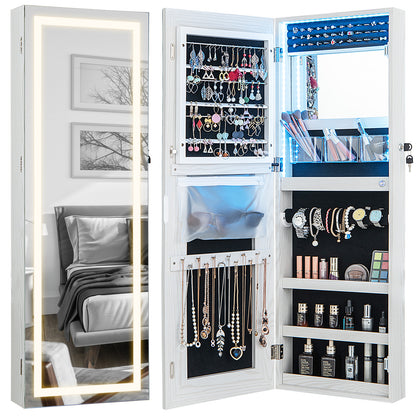 42.5 Inches Lockable Jewelry Mirror Cabinet, 3-Color LED Lights, White Jewelry Armoires at Gallery Canada
