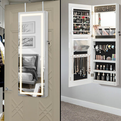 42.5 Inches Lockable Jewelry Mirror Wall Cabinet with 3-Color LED Lights, White