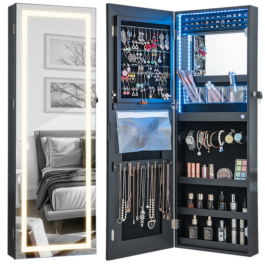 42.5 Inches Lockable Jewelry Mirror Cabinet, 3-Color LED Lights, Black Jewelry Armoires Black at Gallery Canada