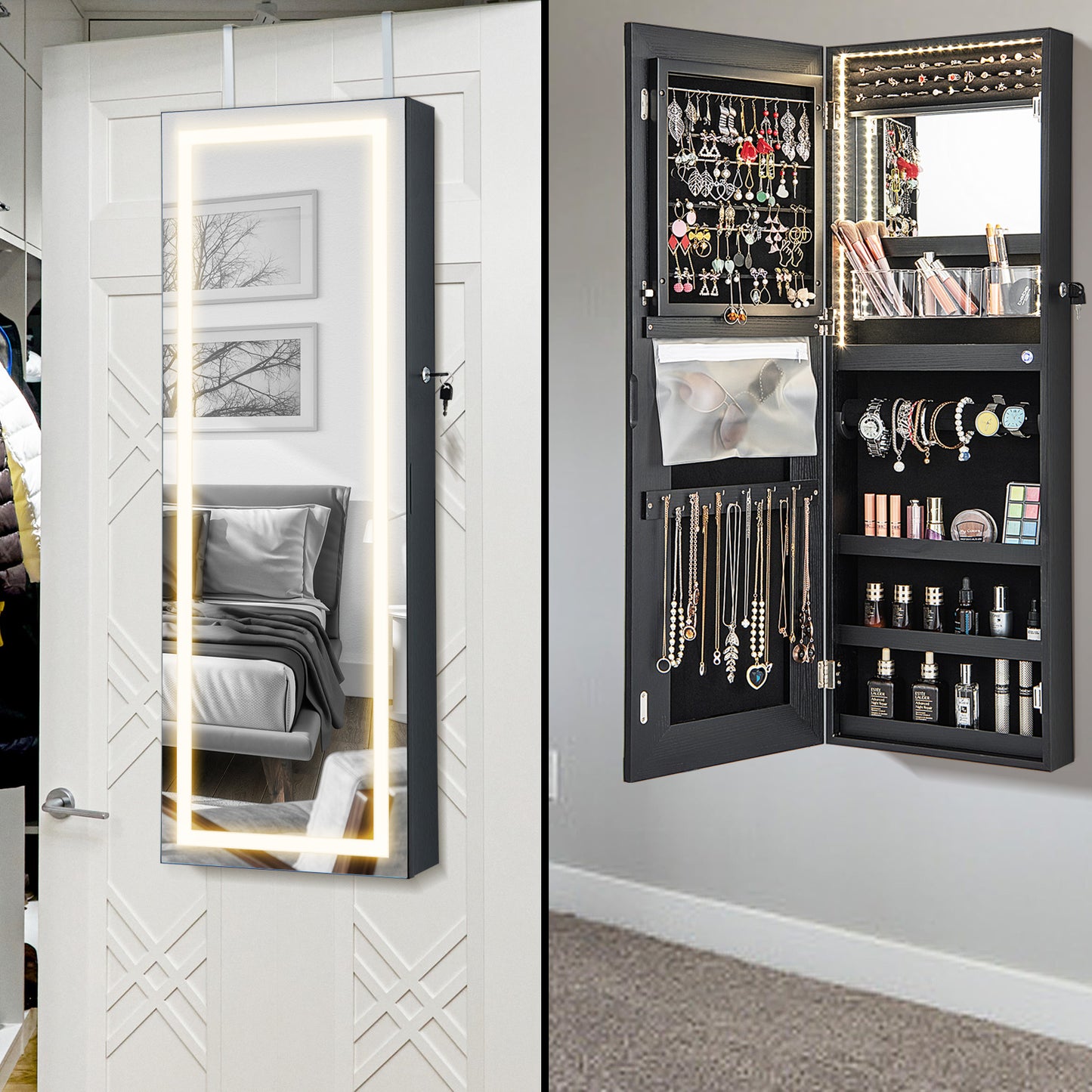 42.5 Inches Lockable Jewelry Mirror Wall Cabinet with 3-Color LED Lights, Black Jewelry Armoires at Gallery Canada