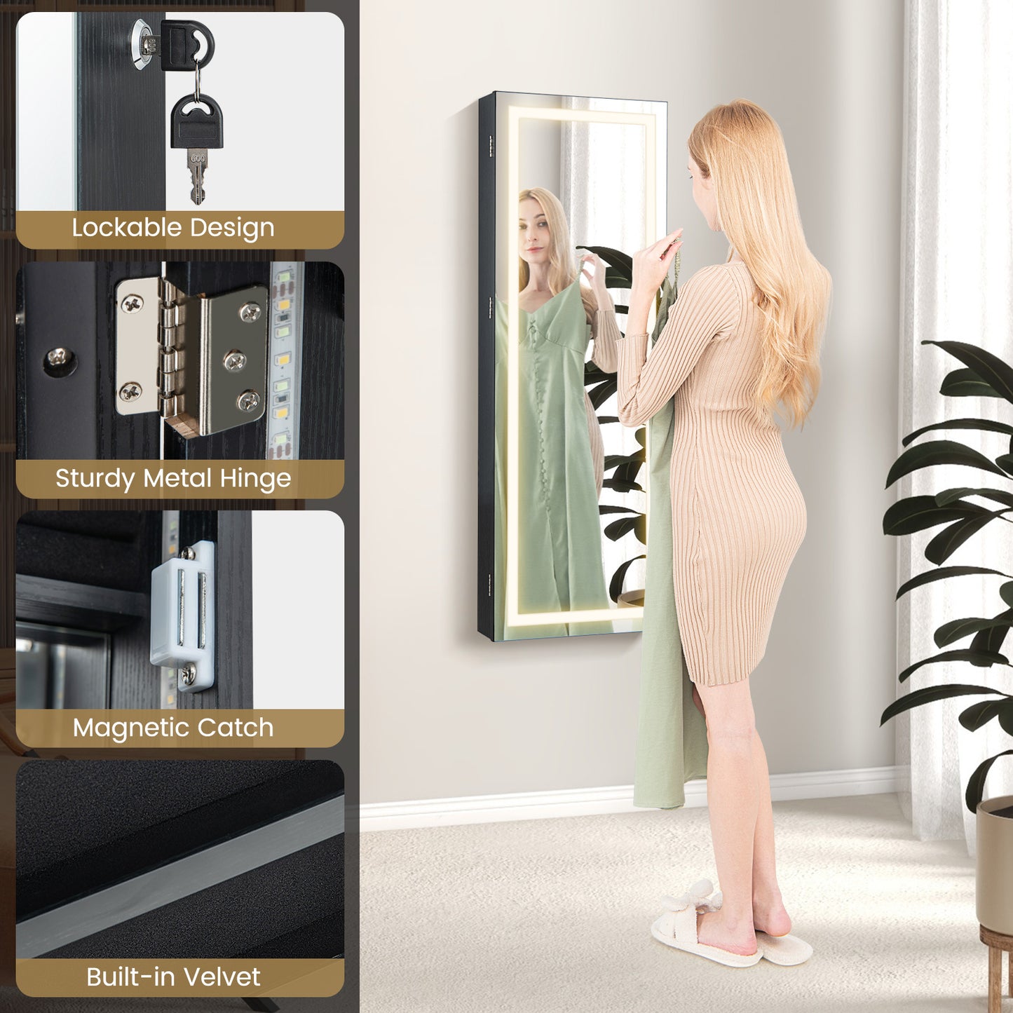 42.5 Inches Lockable Jewelry Mirror Wall Cabinet with 3-Color LED Lights, Black Jewelry Armoires at Gallery Canada