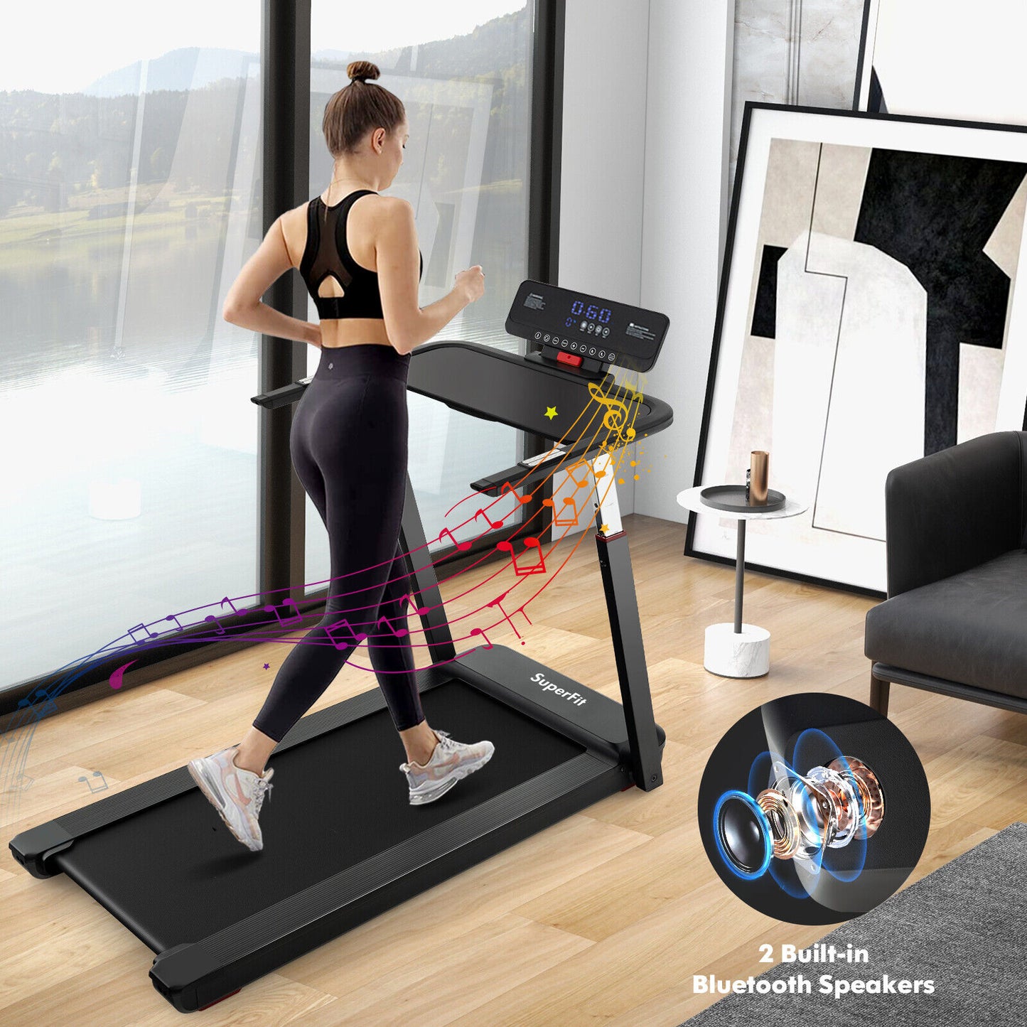 3HP Folding Treadmill with Adjustable Height and APP Control, Black Treadmills at Gallery Canada