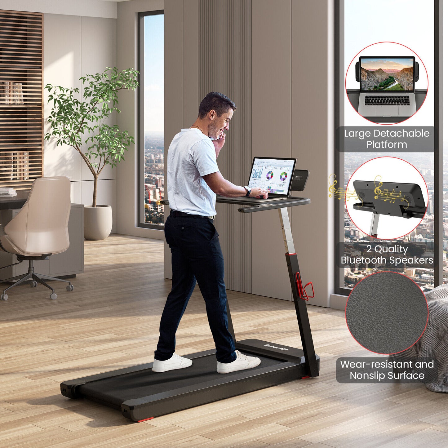 3HP Folding Treadmill with Adjustable Height and APP Control, Black Treadmills at Gallery Canada