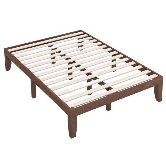 14 Inch Full Size Wood Platform Bed Frame, Wood Slat Support, Coffee Simple Bed Frame Coffee at Gallery Canada