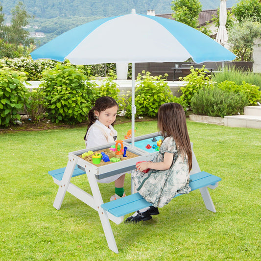 3-in-1 Kids Outdoor Picnic Water Sand Table with Umbrella Play Boxes, Blue - Gallery Canada