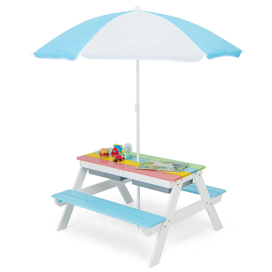3-in-1 Kids Outdoor Picnic Water Sand Table with Umbrella Play Boxes, Blue - Gallery Canada