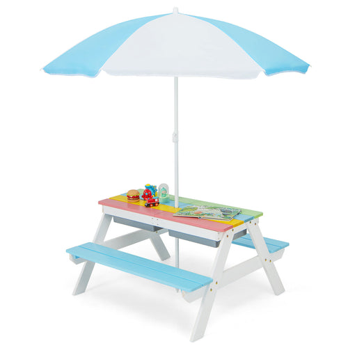 3-In-1 Kids Outdoor Picnic Water Sand Table With Umbrella Play Boxes, Blue