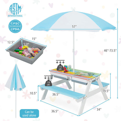 3-in-1 Kids Outdoor Picnic Water Sand Table with Umbrella Play Boxes, Blue