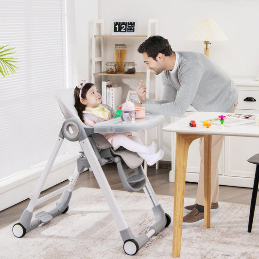Baby Folding Convertible High Chair with Wheels and Adjustable Height, Gray - Gallery Canada