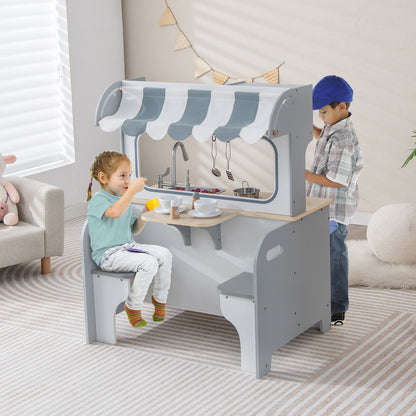 Double Sided Kids Pretend Kitchen Playset with 2-Seat Cafe, Gray at Gallery Canada