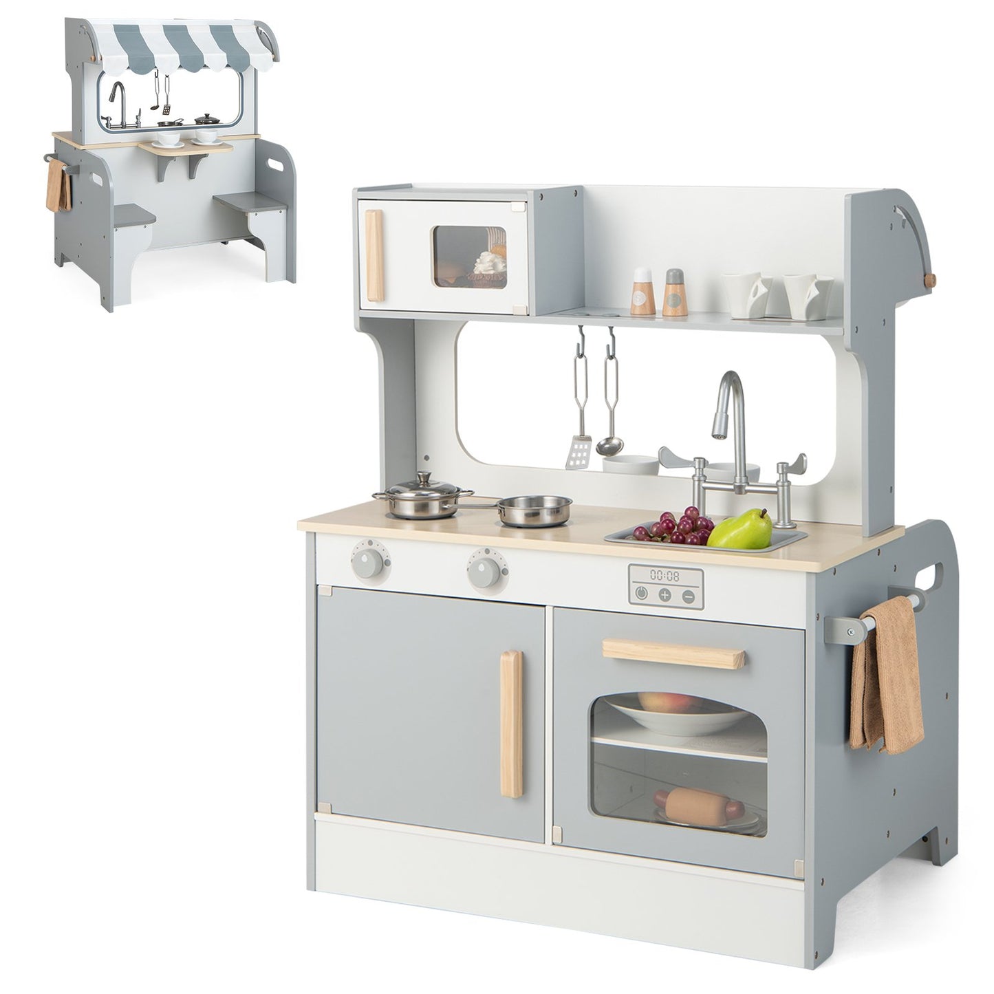 Double Sided Kids Pretend Kitchen Playset with 2-Seat Cafe, Gray - Gallery Canada