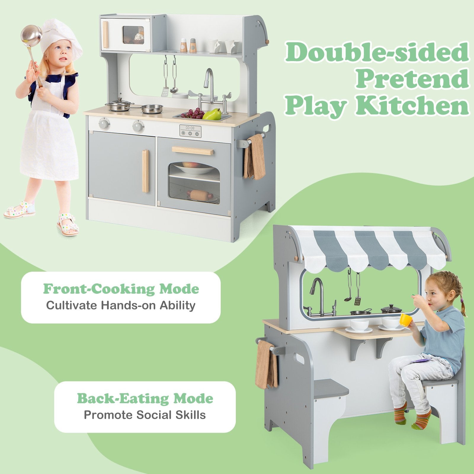 Double Sided Kids Pretend Kitchen Playset with 2-Seat Cafe, Gray at Gallery Canada