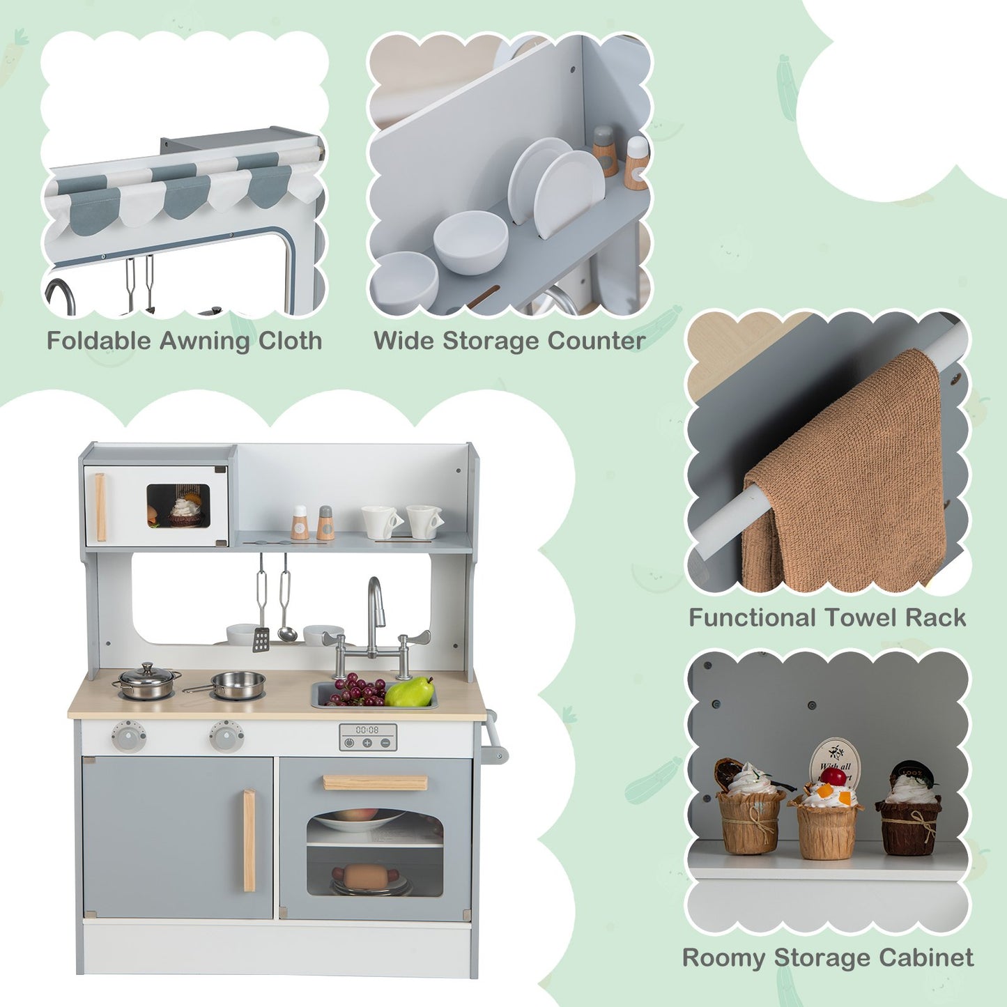 Double Sided Kids Pretend Kitchen Playset with 2-Seat Cafe, Gray - Gallery Canada
