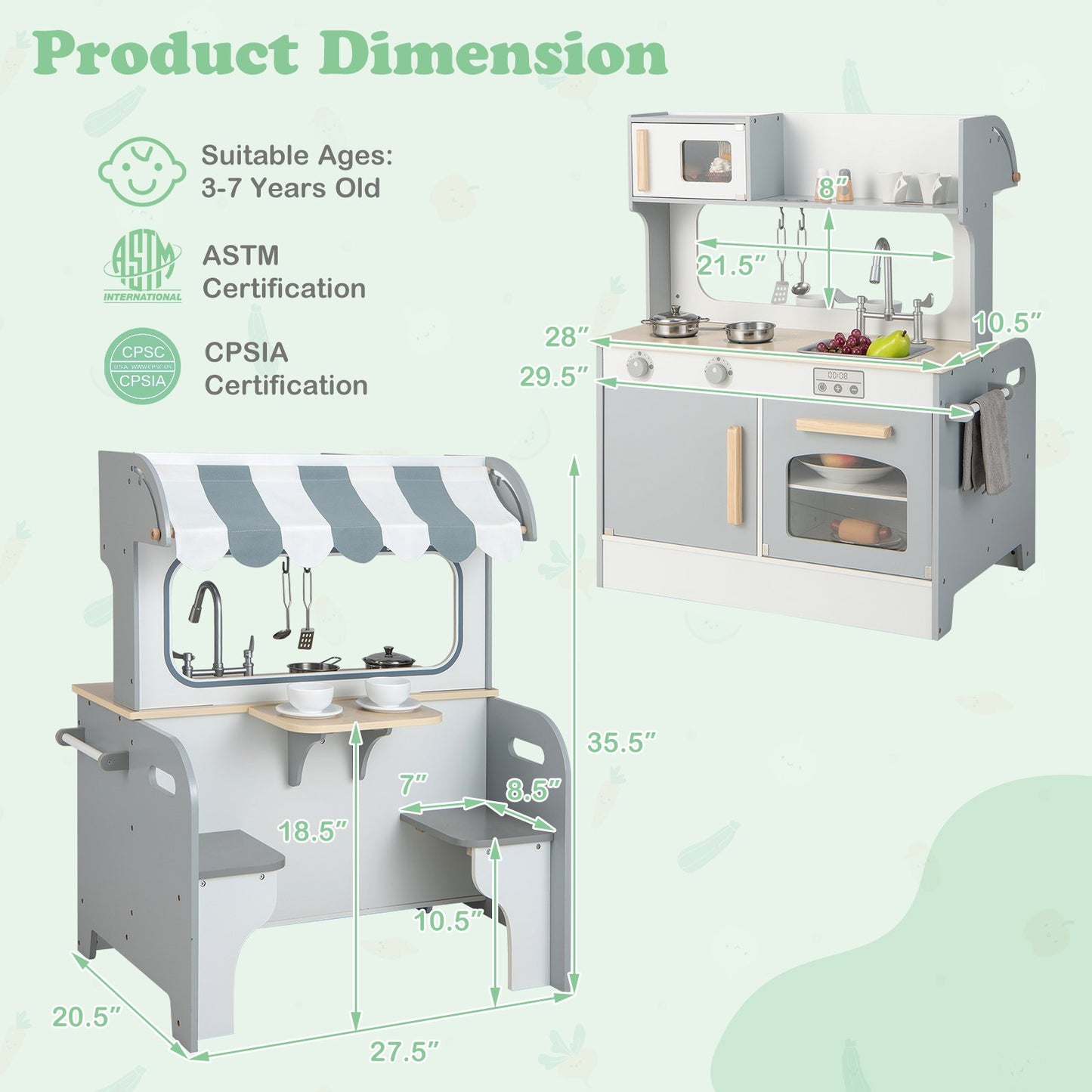 Double Sided Kids Pretend Kitchen Playset with 2-Seat Cafe, Gray