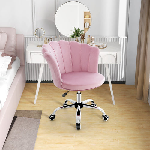 Velvet Petal Shell Office Chair with Wheels and Seashell Back, Pink