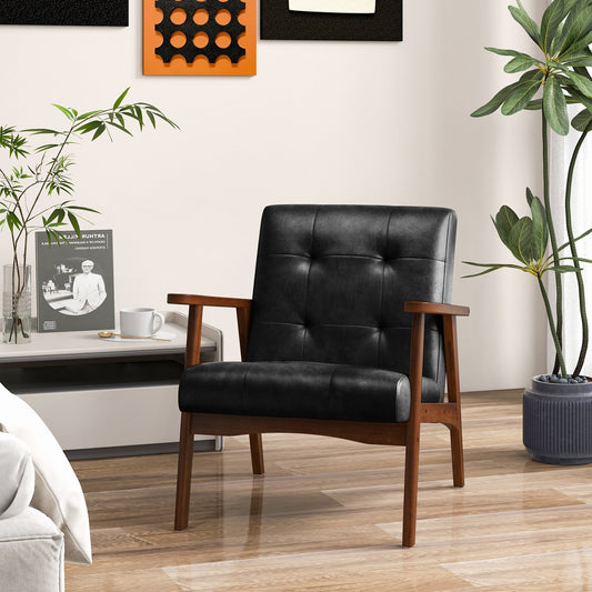 Mid Century Modern Accent Chair with Solid Rubber Wood Frame and Leather Cover, Black - Gallery Canada