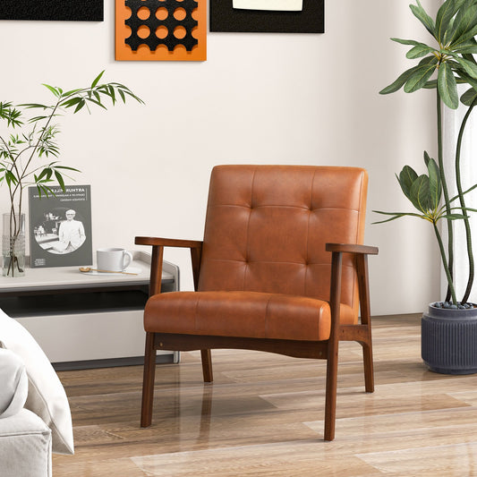 Mid Century Modern Accent Chair with Solid Rubber Wood Frame and Leather Cover, Light Brown - Gallery Canada