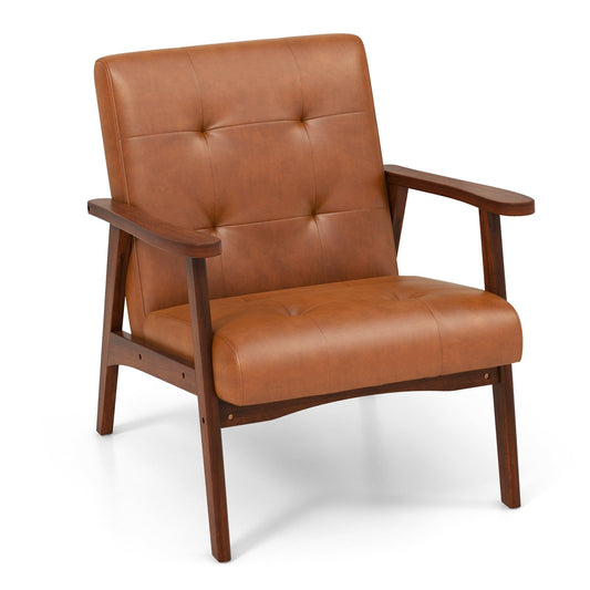 Mid Century Modern Accent Chair with Solid Rubber Wood Frame and Leather Cover, Light Brown - Gallery Canada