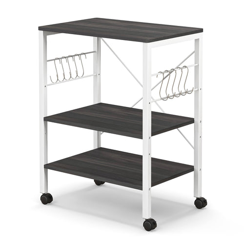 3-Tier Kitchen Baker's Rack Microwave Oven Storage Cart with Hooks, Deep Brown